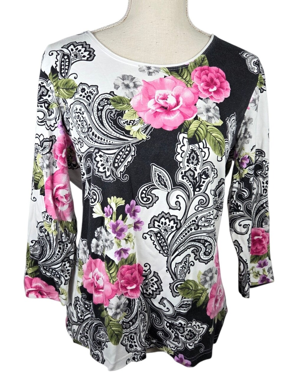 Karen Scott Floral Paisley Shirt Large -White & Pink -Quarter Sleeve